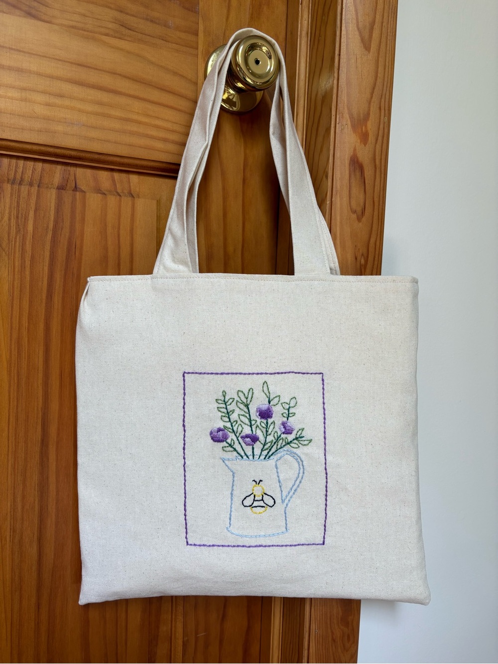 Tote w/ Watering Can & Flowers Embroidered on